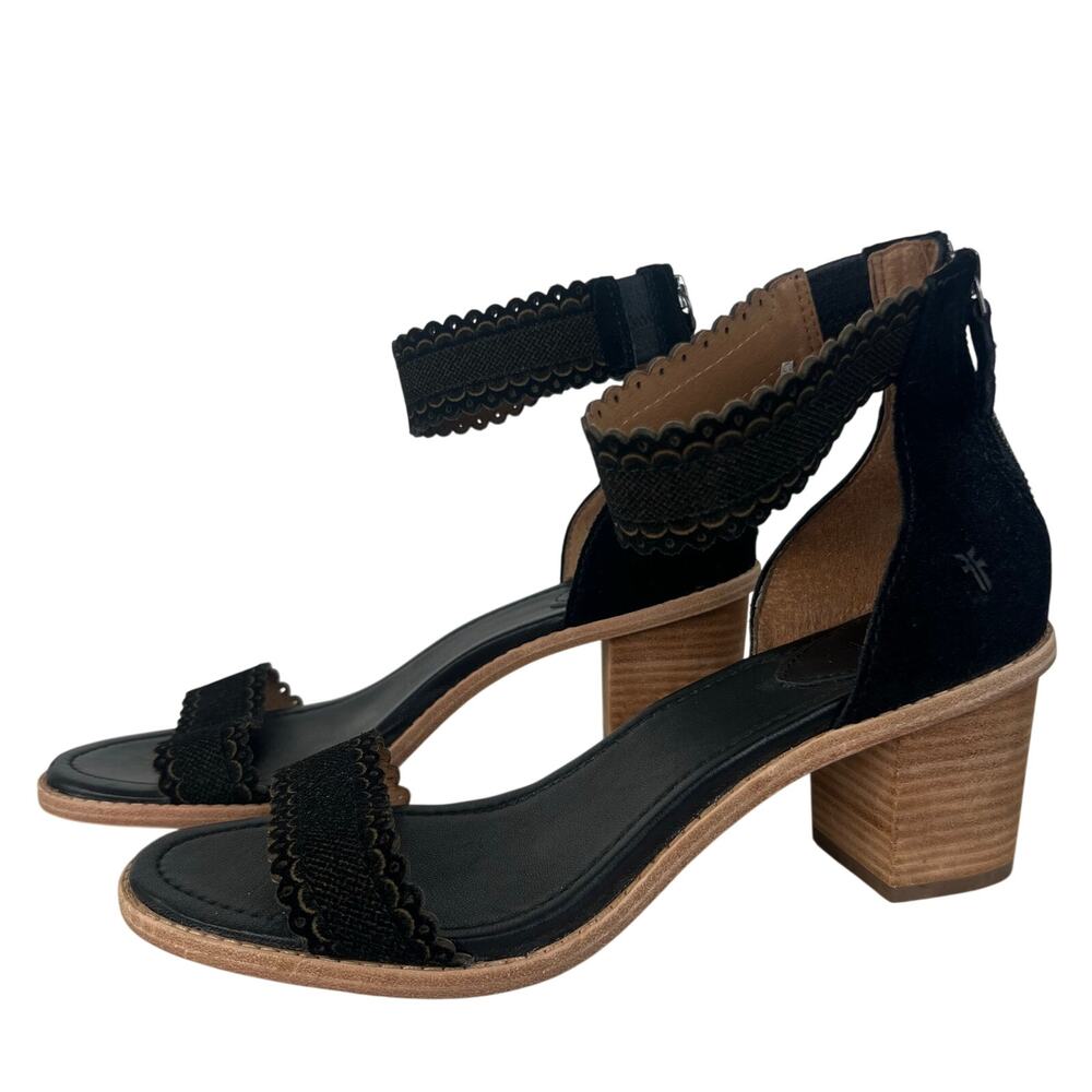 Frye Black Brielle Black Scallop Suede Leather Zip Up Heeled Sandals (Sz 9.5)